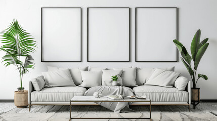 Frame mockup living room wall poster mockup. Interior mockup with house background. Modern interior design. 3D render
