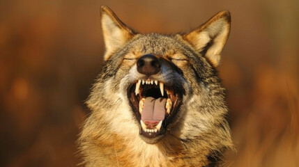 Wall Mural - A wild animal with a mouth wide open, showing its teeth, yawning on a sunny day
