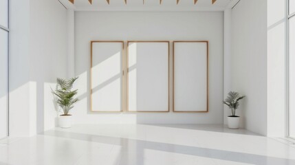 Wall Mural - Minimal modern white interior with wooden frames for presentation or portfolio
