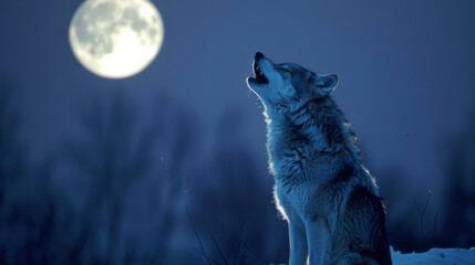 Wall Mural - A wolf is howling at the moon in the night sky, defending territory