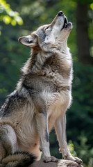 Wall Mural - A little wolf is standing on a rock and looking up into the sky