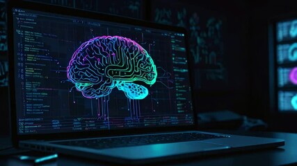 A video of a brain on a laptop screen with colorful circuit board patterns.