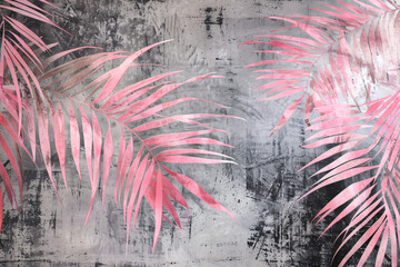 Wall Mural - pink and green palm leaves pattern on grey wallpaper, in a close up style. The pattern features palm leaves in pink and green colors against a grey backdrop.