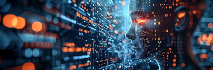 Background with trading charts and artificial intelligence as human head.