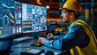 © DSimage - A male engineer wearing a yellow hard hat, working on multiple monitors in an industrial setting