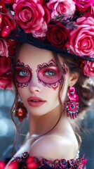 Wall Mural - A young girl with vibrant pink and red floral face paint and a matching headpiece. The vivid colors and detailed design create an enchanting portrait