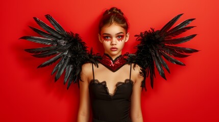 A girl in a black outfit with large feathered wings against a red background. The dramatic makeup and costume create a striking, powerful image