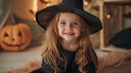 Wall Mural - A young girl in a black witch hat, smiling brightly. The cozy indoor setting with Halloween decorations creates a warm, festive atmosphere