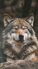 Wall Mural - A wolf is laying on a rock and sleeping