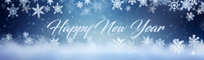 Horizontal winter banner design with snowflakes and greeting Happy New Year