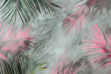 Wall Mural - pink and green palm leaves pattern on grey wallpaper, in a close up style. The pattern features palm leaves in pink and green colors against a grey backdrop.