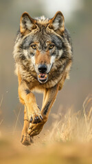 Wall Mural - A furious wolf is running through a field of tall grass