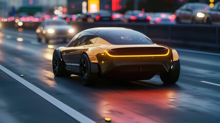 Sticker - A futuristic car is driving down a busy street with other cars and traffic lights. The car is equipped with advanced technology that allows it to detect and avoid obstacles in its path