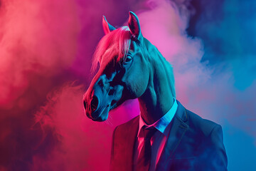 Wall Mural - A horse in a suit, smoke around its body, dark blue background, pink light on top of its head, portrait photography, art creative