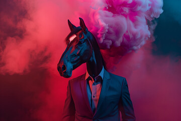 Wall Mural - A horse in a suit, smoke around its body, dark blue background, pink light on top of its head, portrait photography, art creative