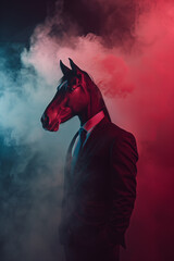 Wall Mural - A horse in a suit, smoke around its body, dark blue background, pink light on top of its head, portrait photography, art creative