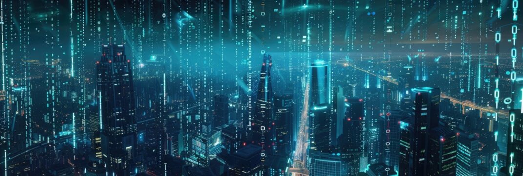 Futuristic digital cityscape background with glowing neon lights and binary code.