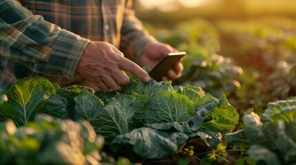 Wall Mural - Close up of a farmer holding a tablet and examining cabbage leaves in a vegetable garden at sunset