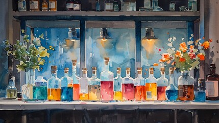 Canvas Print - Watercolor Painting of Bottles on a Shelf.