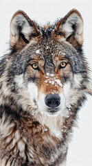 Wall Mural - A wolf with a snow covered face nose is staring at the camera