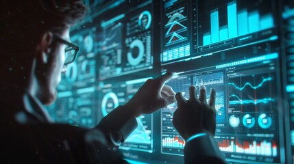 Business finance data analytics graph.Financial management technology.Advisor using KPI Dashboard on virtual screen.