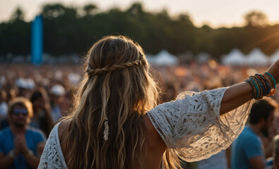 Woman enjoying summer outdoor music festival with crowd of people. Woman wearing boho outfit at summer concert