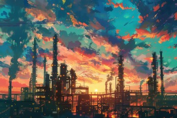 Wall Mural - An oil refinery at sunset