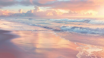 Wall Mural - A serene beach scene at sunset with colorful skies and gentle waves lapping the shore