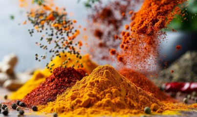 An assortment of vibrant spices like turmeric, paprika, and cumin floating in mid-air with a white background