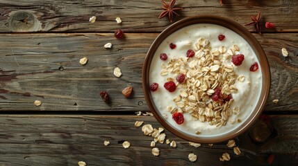Flat lay of yogurt served with oats and dried nuts, on a warm brown wooden table