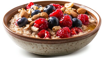 a bowl of overnight oats topped with berries, nuts, and honey, on an isolated white background, idea