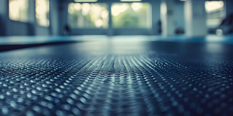 Poster - Smooth rubber surface with soft-focus background of a fitness studio, ideal for promoting yoga mats or exercise equipment 