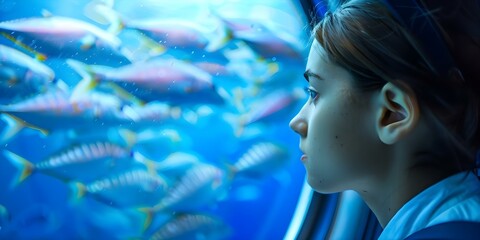 Wall Mural - A student watches a school of fish through a submarine window. Concept Marine life, Underwater exploration, Science education, Aquatic environment, Ocean conservation