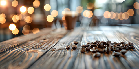 Wall Mural - Textured wooden surface with coffee rings and a blurred background of a cozy café, suitable for promoting artisanal coffee or warm beverages