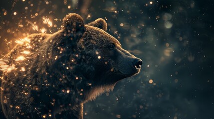 Sticker - A grizzly bear with fur glowing with magical sparks stands in a mystical forest.