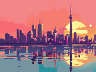 Wall Mural - Risograph riso print travel poster, card, wallpaper or banner illustration, modern, isolated, clear and simple of Toronto, Canada. Artistic, screen printing, stencil digital duplication