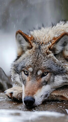 Wall Mural - A tired exhausted wolf is laying on a rock in the snow, rain