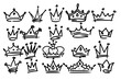 © Din Nasahrudin - Sketch crown. Simple graffiti crowning, elegant queen or king crowns hand drawn. Royal imperial coronation symbols, monarch majestic jewel tiara isolated icons vector illustration set