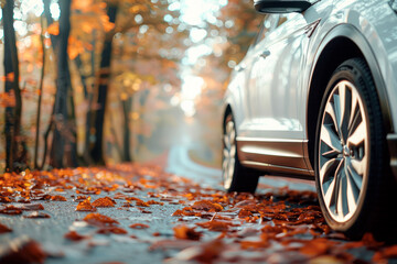 an electric car in a autumn road