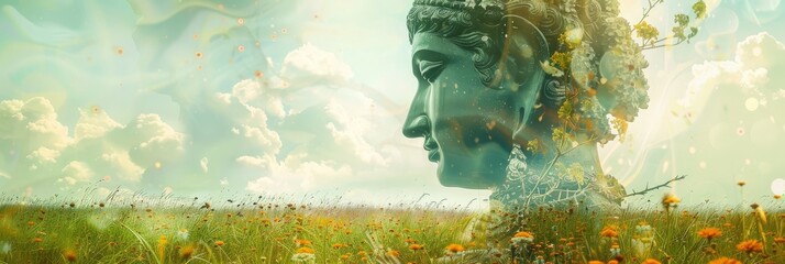 Wall Mural - Spiritual double exposure of a Hindu deity and a tranquil meadow,symbolizing the fusion of faith,belief,and the natural world. With ample copy space on the right side.