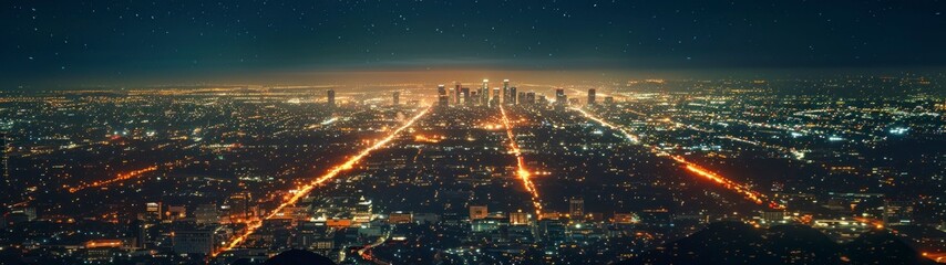 Wall Mural - 32:9 panoramic view of the city of Los Angeles at night