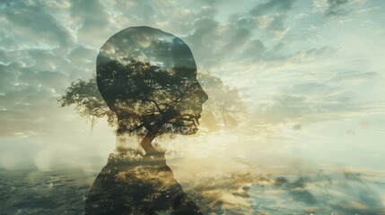 Wall Mural - Double exposure of a heroic figure and a sacred tree,embodying religious devotion and transcendent spirituality with ample copy space for text or graphics at the bottom.