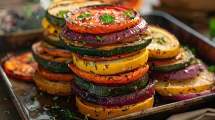 Wall Mural - A stack of crisp and golden roasted vegetables lightly brushed with avocado oil for a delicate and nutty flavor.