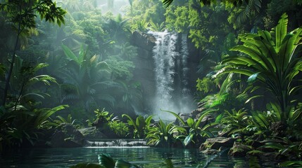 Sticker - Immerse yourself in the verdant beauty of a captivating tropical rainforest,where a cascading waterfall flows crystal-clear against a backdrop of lush,vibrant foliage.