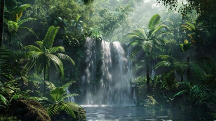 Wall Mural - Immerse yourself in the serene beauty of a captivating tropical rainforest waterfall,offering a refreshing and tranquil escape for your next vacation or digital wallpaper design.