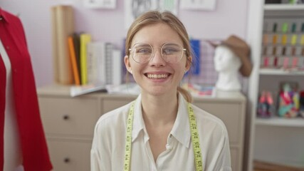 Poster - A cheerful woman with glasses in a dressmaking shop surrounded by colorful sewing materials and a mannequin.