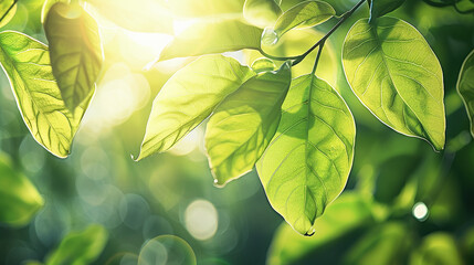 Wall Mural - Close-up of green leaves with sunlight filtering through, highlighting the veins and creating a natural, fresh feeling.