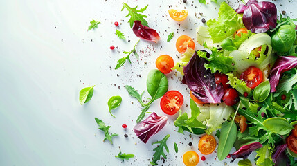 A vibrant mix of fresh salad ingredients scattered on a white background. The image emphasizes healthy eating and fresh produce.