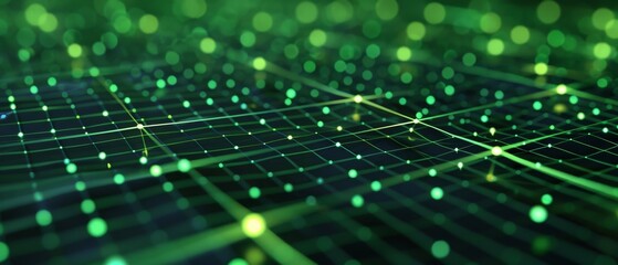 Wall Mural - Square grid pattern with glowing green squares interconnected by thin lines, overlaid on a gradient background