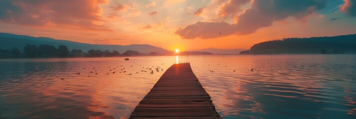 Wall Mural - Tranquil sunset landscape featuring a peaceful lake with a wooden pier stretching into the water.